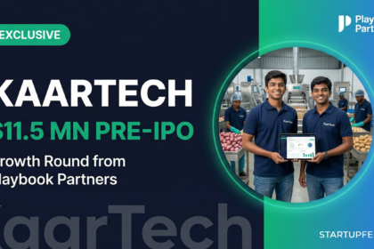 Professional featured image of KaarTech founders Maran Nagarajan and Ratnakumar N in their Chennai facility. Text overlay highlights the Rs 100 Crore pre-IPO funding from Playbook Partners for their SAP AI platform, KTern.AI.