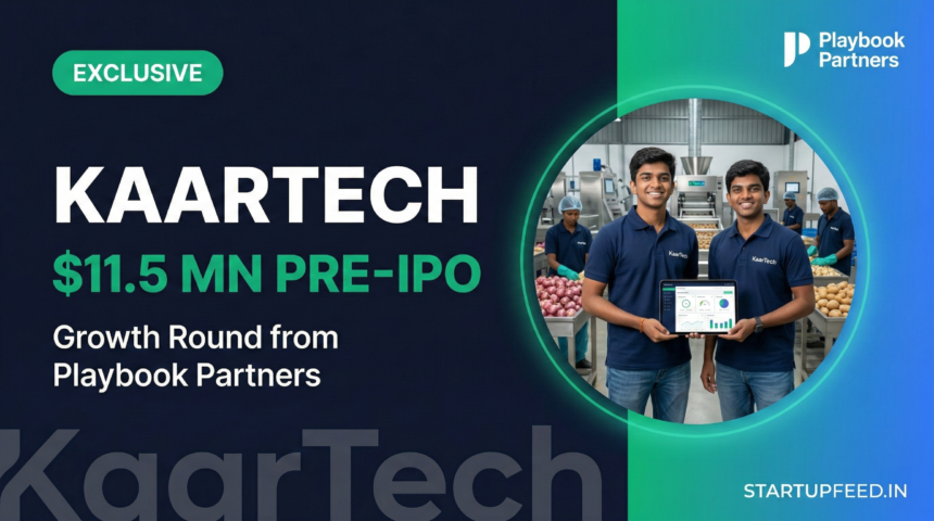 Professional featured image of KaarTech founders Maran Nagarajan and Ratnakumar N in their Chennai facility. Text overlay highlights the Rs 100 Crore pre-IPO funding from Playbook Partners for their SAP AI platform, KTern.AI.