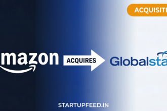 Featured image of Amazon acquiring Globalstar with official logos and acquisition badge on a professional tech gradient backgrou