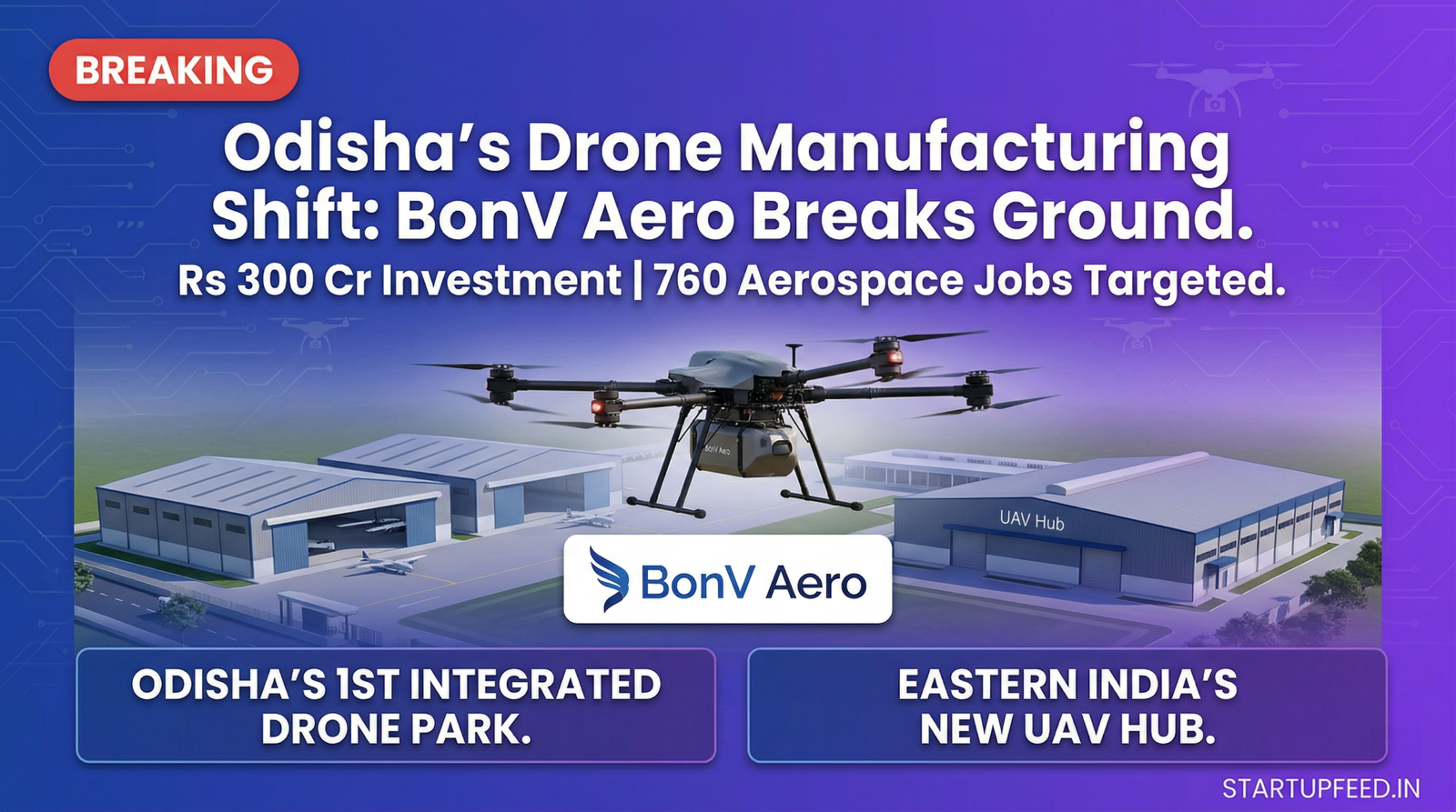 3D rendering of BonV Aero's new Rs 300 Cr integrated UAV manufacturing facility and drone park in Odisha featuring a heavy-payload drone