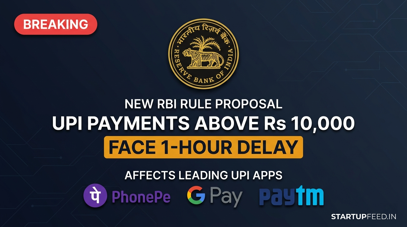 RBI logo with text 'UPI Payments Above Rs 10,000 Face 1-Hour Delay' and logos of PhonePe, Google Pay, and Paytm on a professional dark tech background.