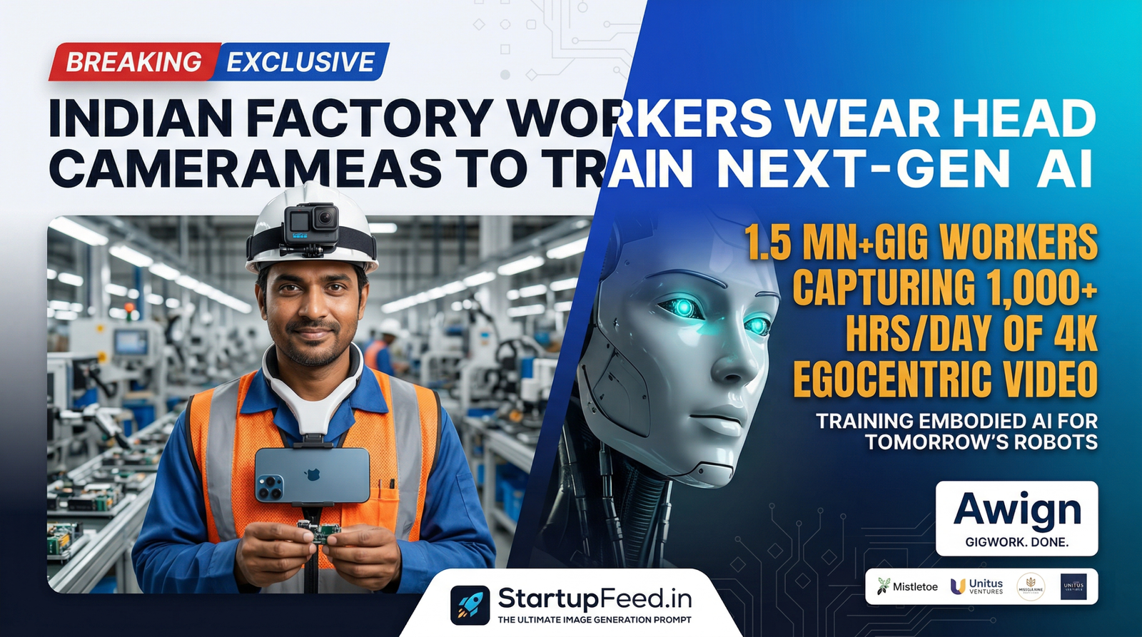 Indian factory worker wearing a head-mounted GoPro and neck-mounted iPhone to capture egocentric training data for humanoid robots.