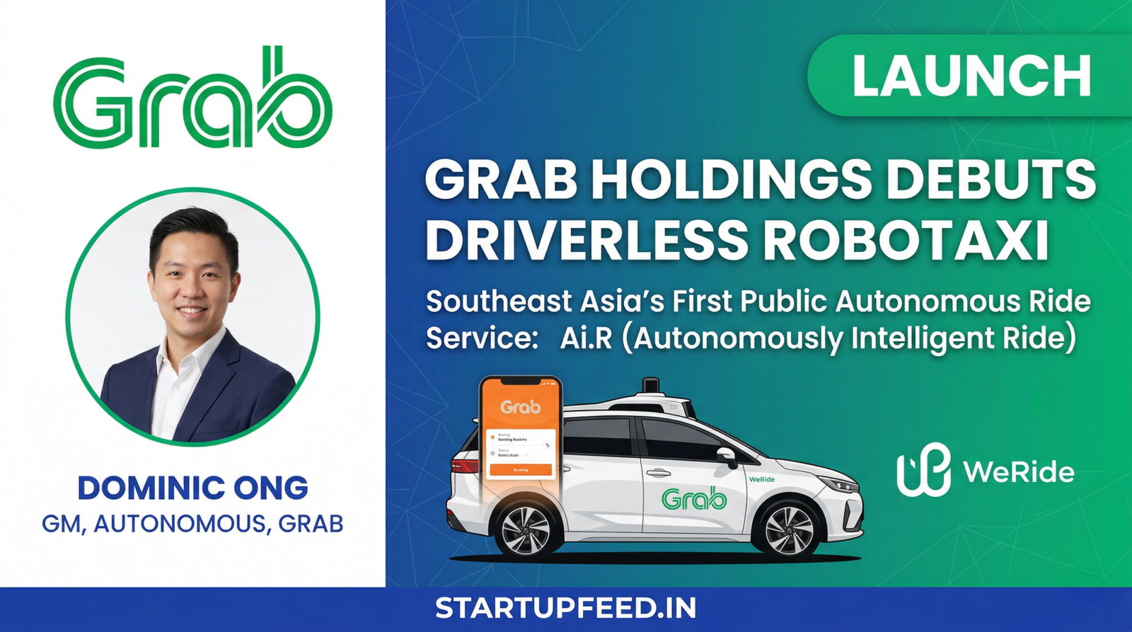 Grab and WeRide autonomous vehicle (Ai.R) branded with Grab logo driving in Punggol, Singapore, alongside a portrait of Dominic Ong, Grab's GM of Autonomous. The image highlights the launch of Southeast Asia's first residential robotaxi fleet