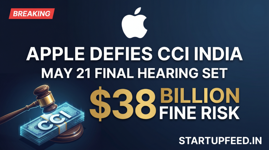 Graphic showing Apple logo and CCI gavel with $38 Billion fine text for May 21 India antitrust hearing.
