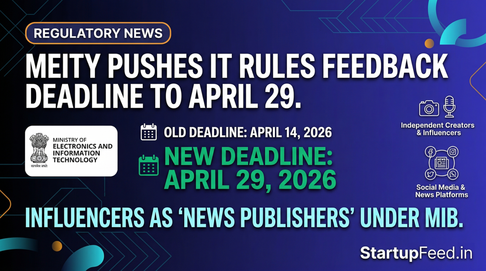 nfographic showing MeitY IT Rules 2026 deadline extension to April 29 with icons for influencers and social media platforms.