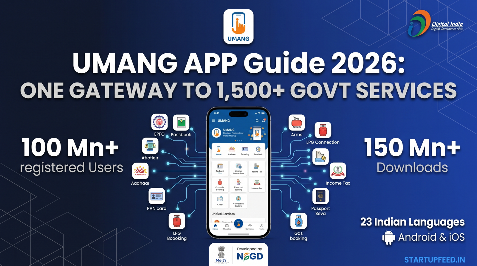 UMANG App 2026 featured image for StartupFeed.in showing a smartphone acting as a unified digital gateway to 1,500+ Indian government services, highlighting 150 million downloads and 23 regional languages.