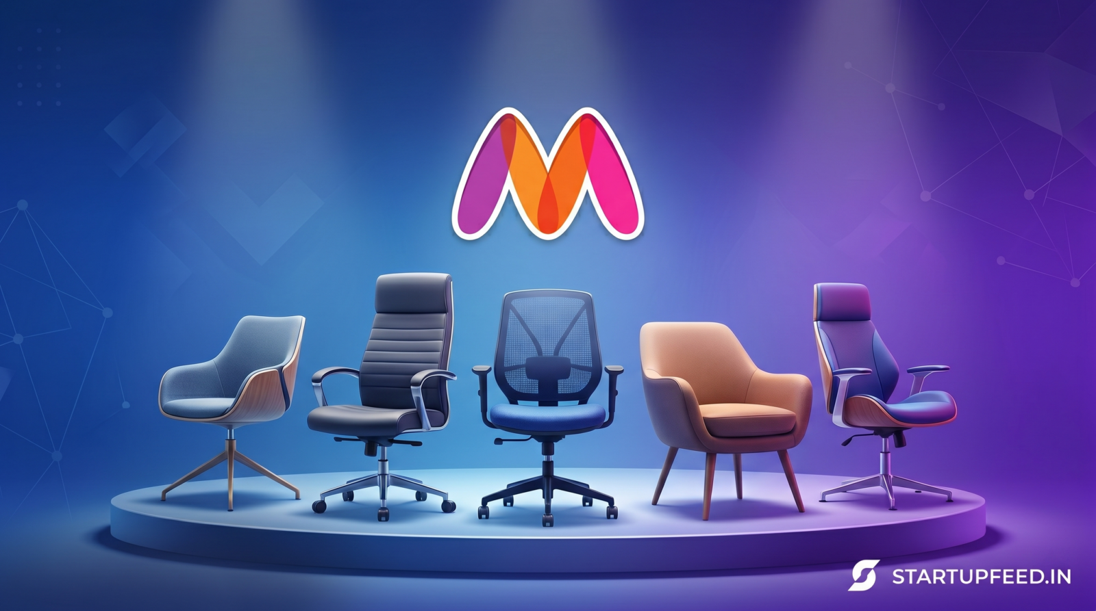 A conceptual 3D illustration showing various empty office chairs on a spotlighted stage beneath the Myntra logo, representing the history of CEO and leadership changes at the fashion e-commerce company.