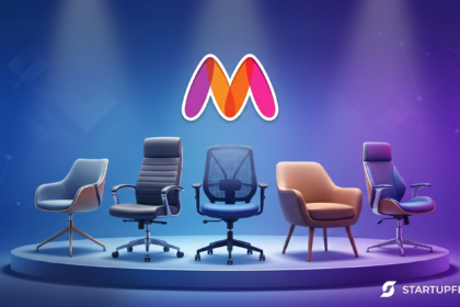 A conceptual 3D illustration showing various empty office chairs on a spotlighted stage beneath the Myntra logo, representing the history of CEO and leadership changes at the fashion e-commerce company.