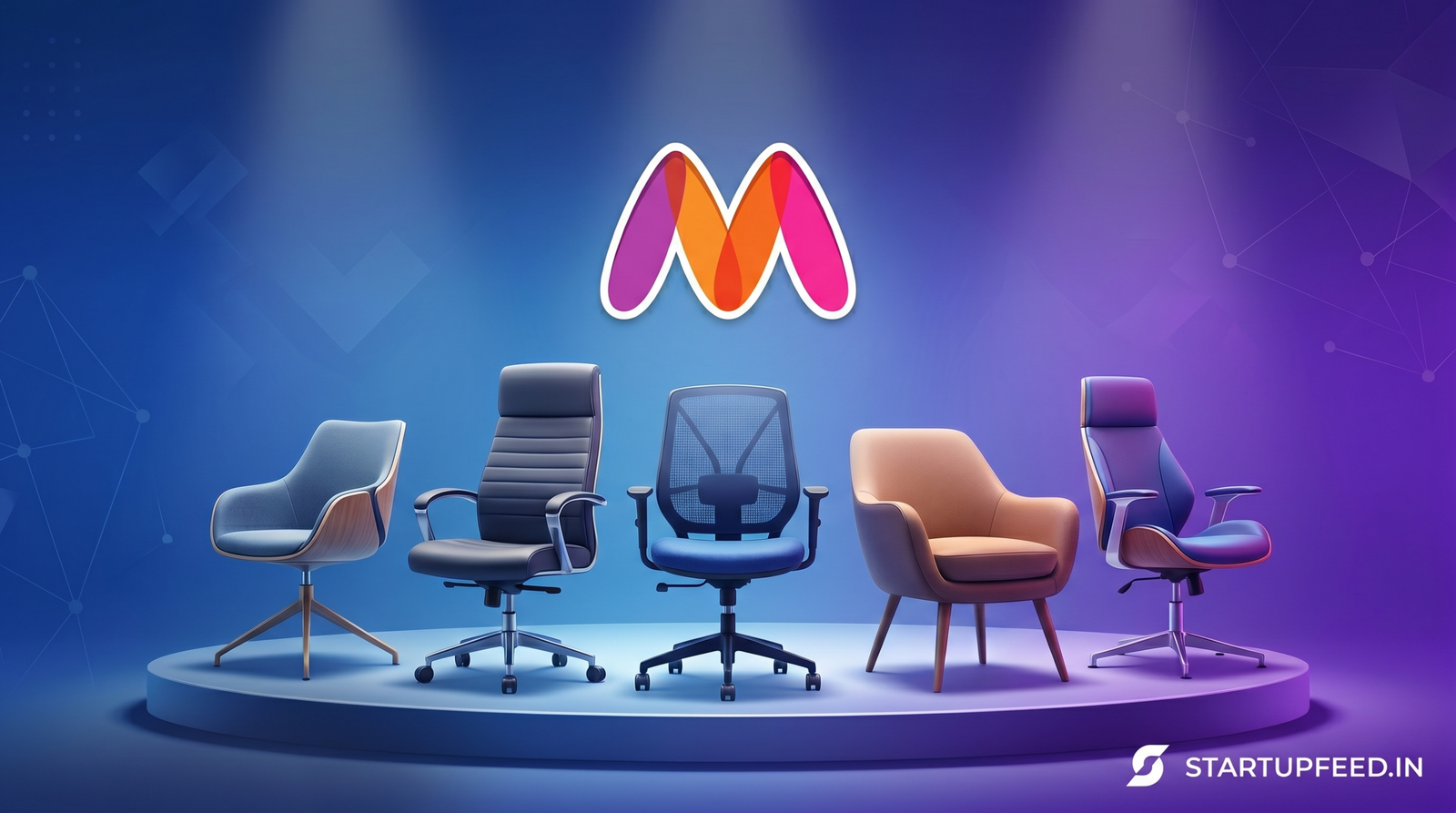 A conceptual 3D illustration showing various empty office chairs on a spotlighted stage beneath the Myntra logo, representing the history of CEO and leadership changes at the fashion e-commerce company.