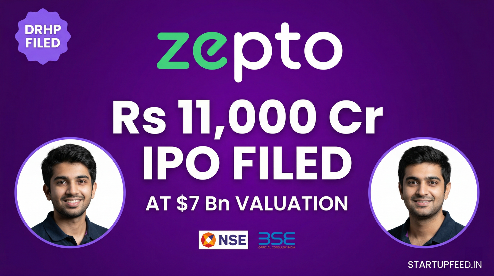 Zepto founders Aadit Palicha and Kaivalya Vohra alongside Rs 11000 crore IPO filed at 7 billion dollar valuation text on a purple background.