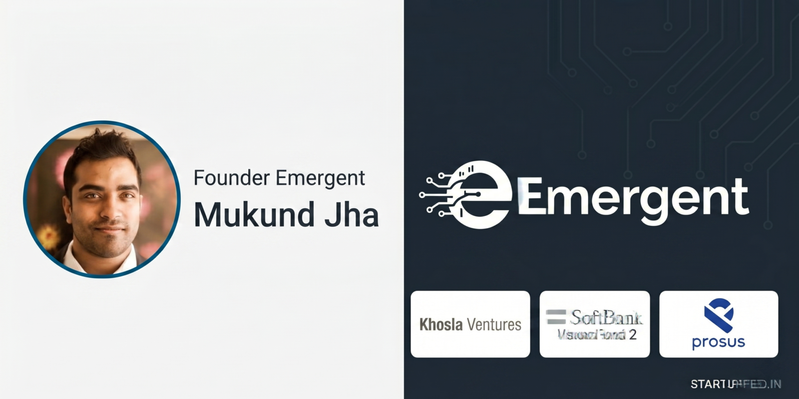 Split layout graphic featuring Emergent founder Mukund Jha on the left, alongside the Emergent AI logo and Series B investor logos for Khosla Ventures, SoftBank Vision Fund 2, and Prosus on the right
