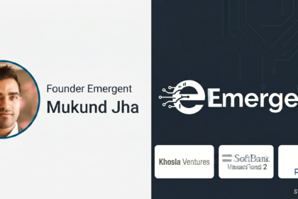 Split layout graphic featuring Emergent founder Mukund Jha on the left, alongside the Emergent AI logo and Series B investor logos for Khosla Ventures, SoftBank Vision Fund 2, and Prosus on the right