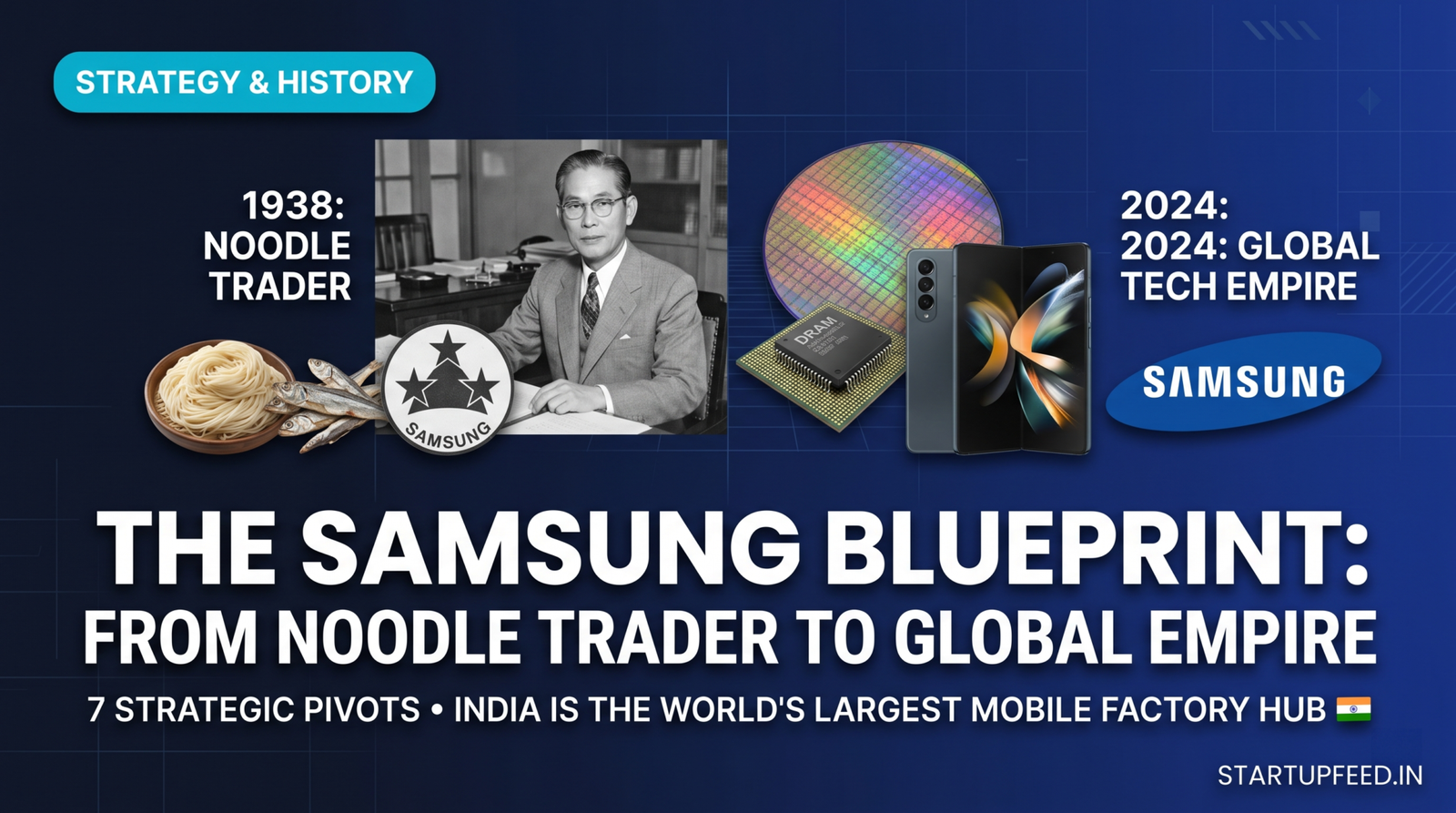 StartupFeed featured image showing Samsung's evolution from a 1938 noodle trader with founder Lee Byung-chul to a 2024 global tech empire featuring DRAM chips, foldable smartphones, and its Noida factory impact.