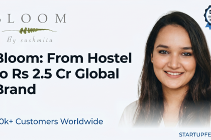 Bloom by Sushmita founder Sushmita Todi and company logo with text highlighting Rs 2.5 Crore revenue and 40k global customers.