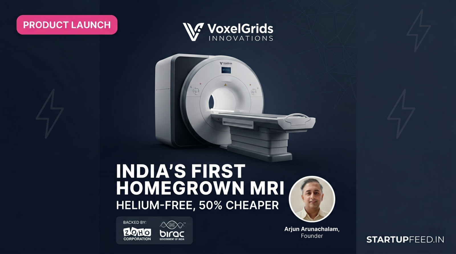 VoxelGrids' helium-free 1.5T MRI scanner, India's first indigenous MRI machine, with founder Arjun Arunachalam.