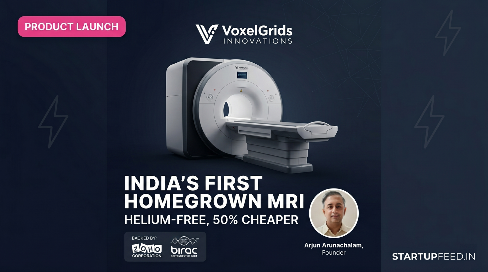 VoxelGrids' helium-free 1.5T MRI scanner, India's first indigenous MRI machine, with founder Arjun Arunachalam.