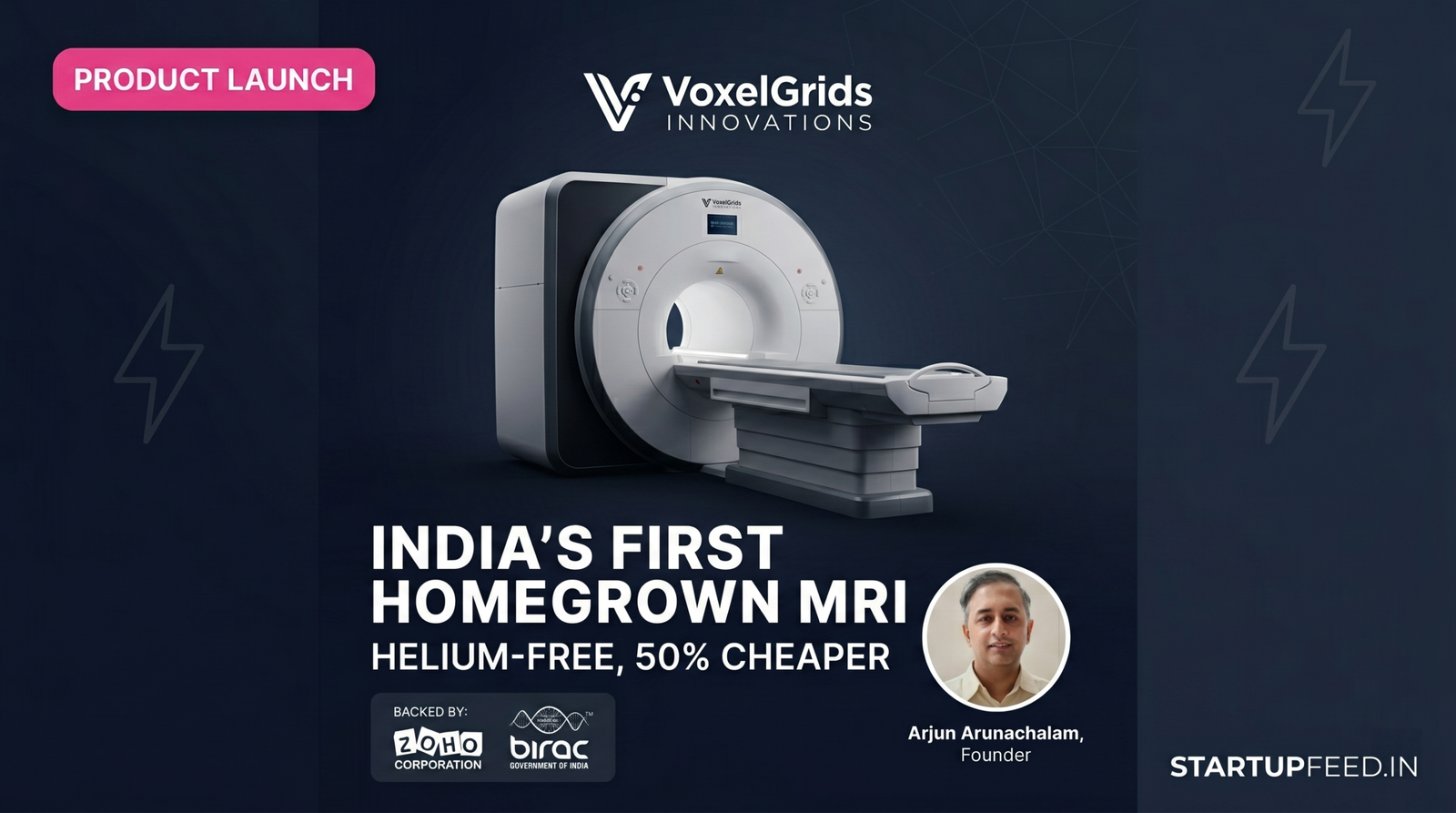 VoxelGrids' helium-free 1.5T MRI scanner, India's first indigenous MRI machine, with founder Arjun Arunachalam.