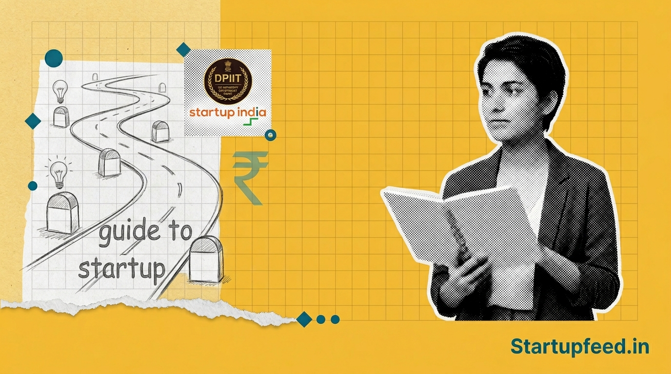 A first-time founder learning how to start a startup in India in 2026, surrounded by collage elements representing ideation, fundraising, and company registration.