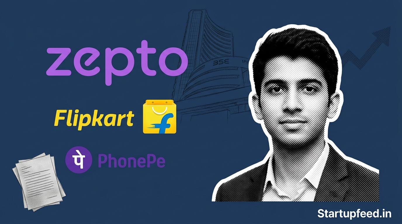 Indian Startup IPO 2026 pipeline featuring Zepto, Flipkart and PhonePe logos with SEBI building sketch and Rs 47000 Cr tracker graphic.