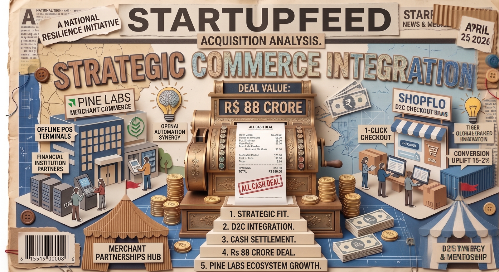 An illustration showing Pine Labs's Rs 88 crore all-cash acquisition of D2C checkout platform Shopflo "