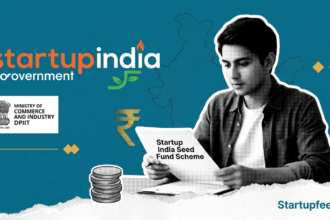 Startup India Seed Fund Scheme logo with a founder applying for up to Rs 50 Lakh in non-dilutive government seed funding through a DPIIT-approved incubator in 2026.
