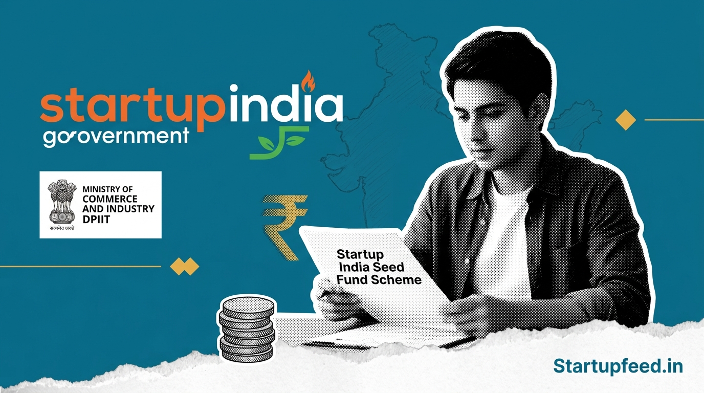 Startup India Seed Fund Scheme logo with a founder applying for up to Rs 50 Lakh in non-dilutive government seed funding through a DPIIT-approved incubator in 2026.