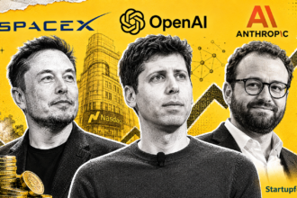 Founders Elon Musk, Sam Altman, and Dario Amodei in halftone collage alongside SpaceX, OpenAI, and Anthropic logos representing the 2026 IPO Wave.