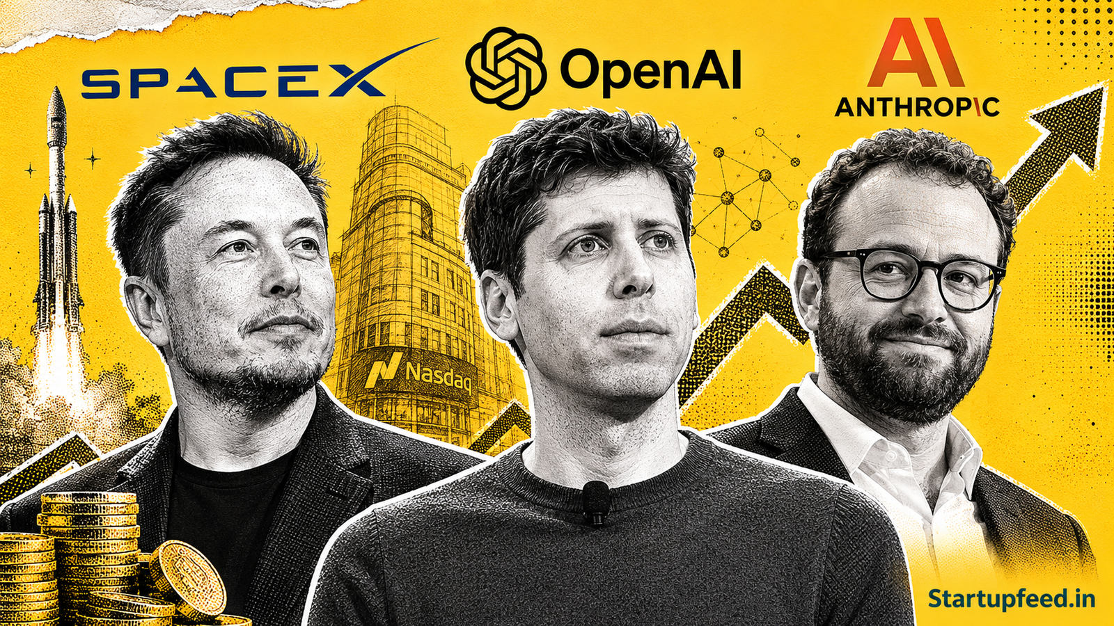 Founders Elon Musk, Sam Altman, and Dario Amodei in halftone collage alongside SpaceX, OpenAI, and Anthropic logos representing the 2026 IPO Wave.