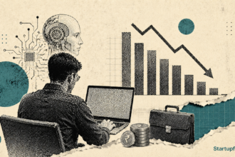 AI layoffs 2026 editorial image showing a halftone collage of a worker at a computer and abstract bar-chart elements representing the global tech job cut wave.