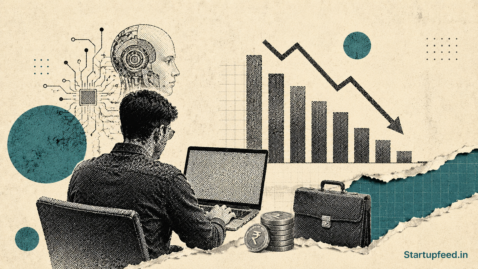 AI layoffs 2026 editorial image showing a halftone collage of a worker at a computer and abstract bar-chart elements representing the global tech job cut wave.