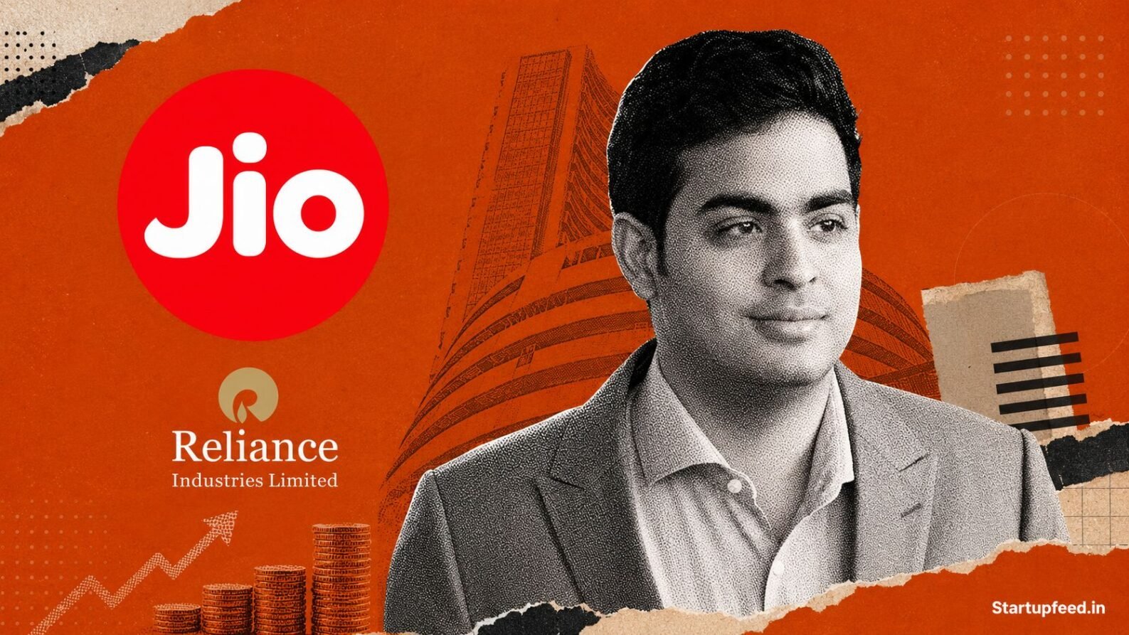 Akash Ambani Named MD of Jio Platforms halftone editorial portrait with official Jio logo and burnt orange background for StartupFeed article.
