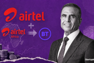 Sunil Bharti Mittal and Airtel Africa stake announcement with Bharti Airtel and BT Group logos.