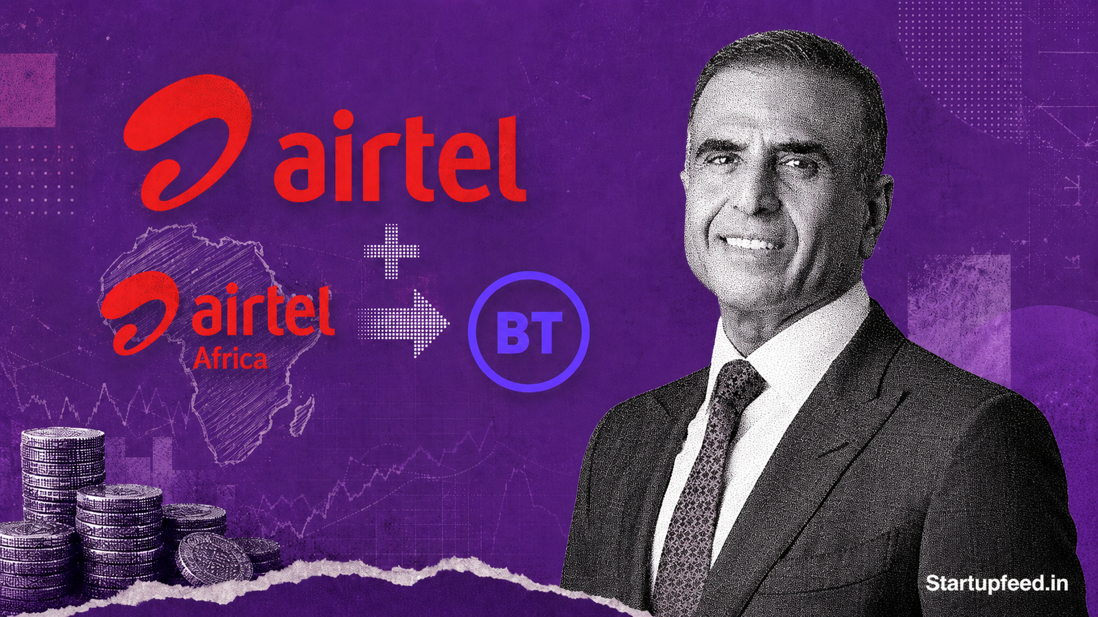 Sunil Bharti Mittal and Airtel Africa stake announcement with Bharti Airtel and BT Group logos.