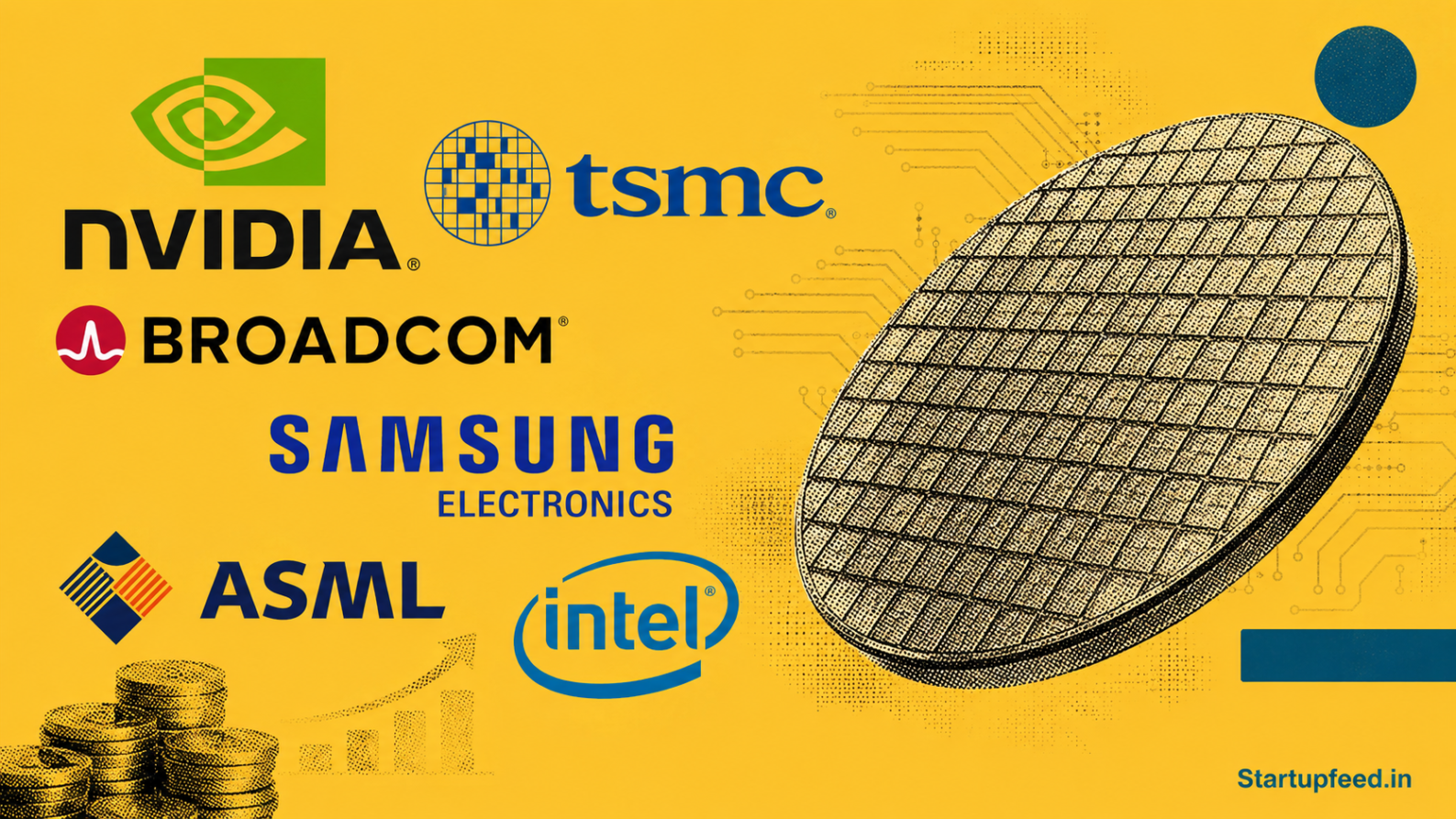 The biggest semiconductor companies 2026 illustration featuring Nvidia, TSMC, Broadcom, Samsung, SK Hynix, Intel and ASML logos in halftone collage.