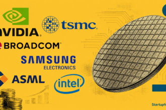 The biggest semiconductor companies 2026 illustration featuring Nvidia, TSMC, Broadcom, Samsung, SK Hynix, Intel and ASML logos in halftone collage.