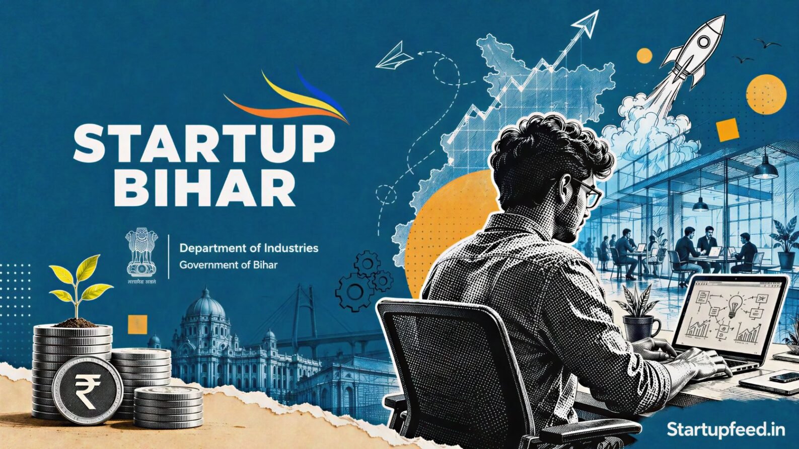 Bihar Startup Policy benefits for founders and incubators, showing the Startup Bihar portal logo and government support framework for seed funding and incubation.