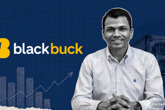 BlackBuck Q4 FY26 results showing CEO Rajesh Yabaji and the BlackBuck logo, illustrating quarterly revenue and profit performance for the digital trucking platform.