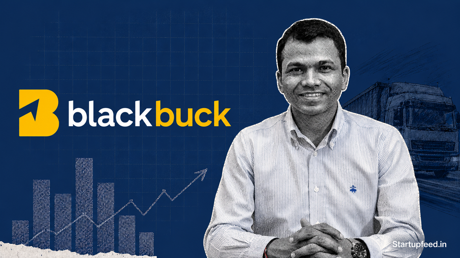 BlackBuck Q4 FY26 results showing CEO Rajesh Yabaji and the BlackBuck logo, illustrating quarterly revenue and profit performance for the digital trucking platform.