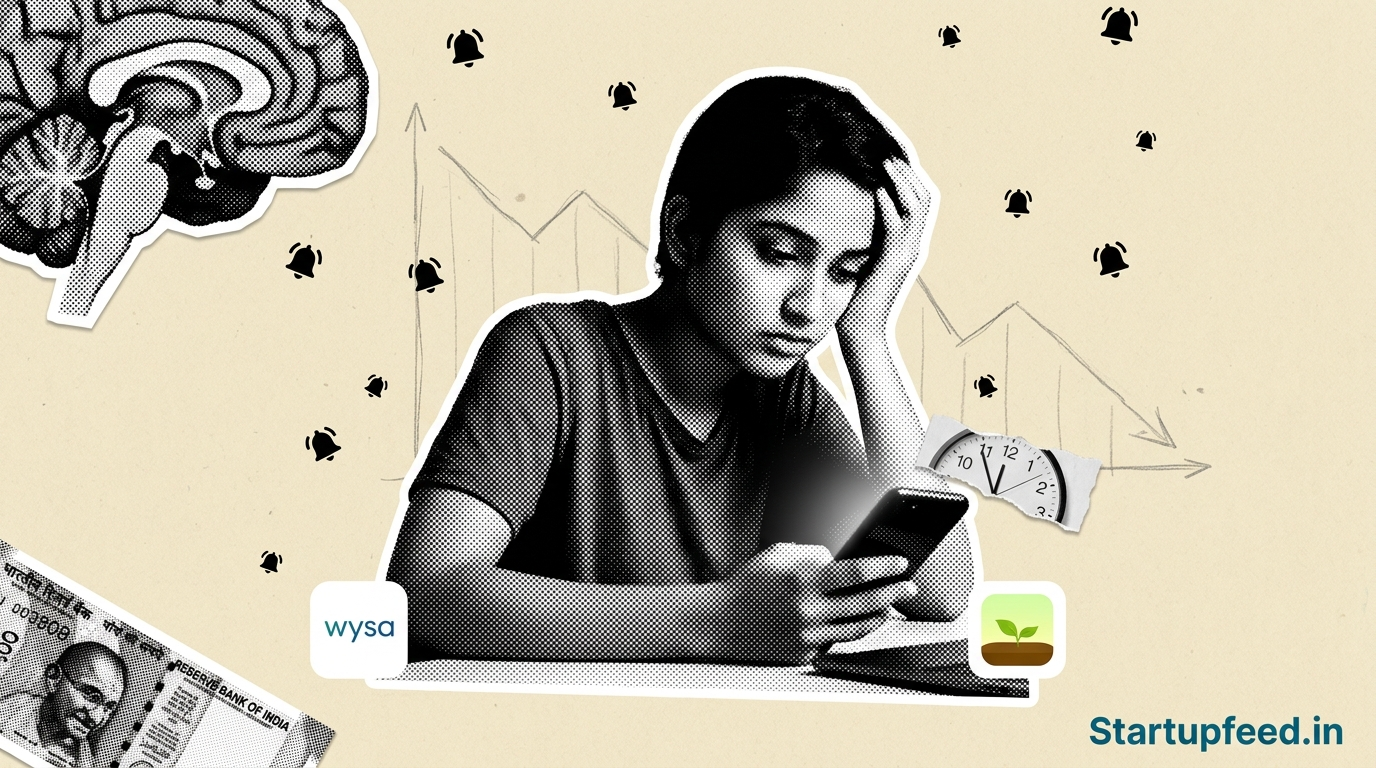 Illustration of the brain fog crisis showing a halftone figure overwhelmed by smartphone notifications and dopamine loop icons.