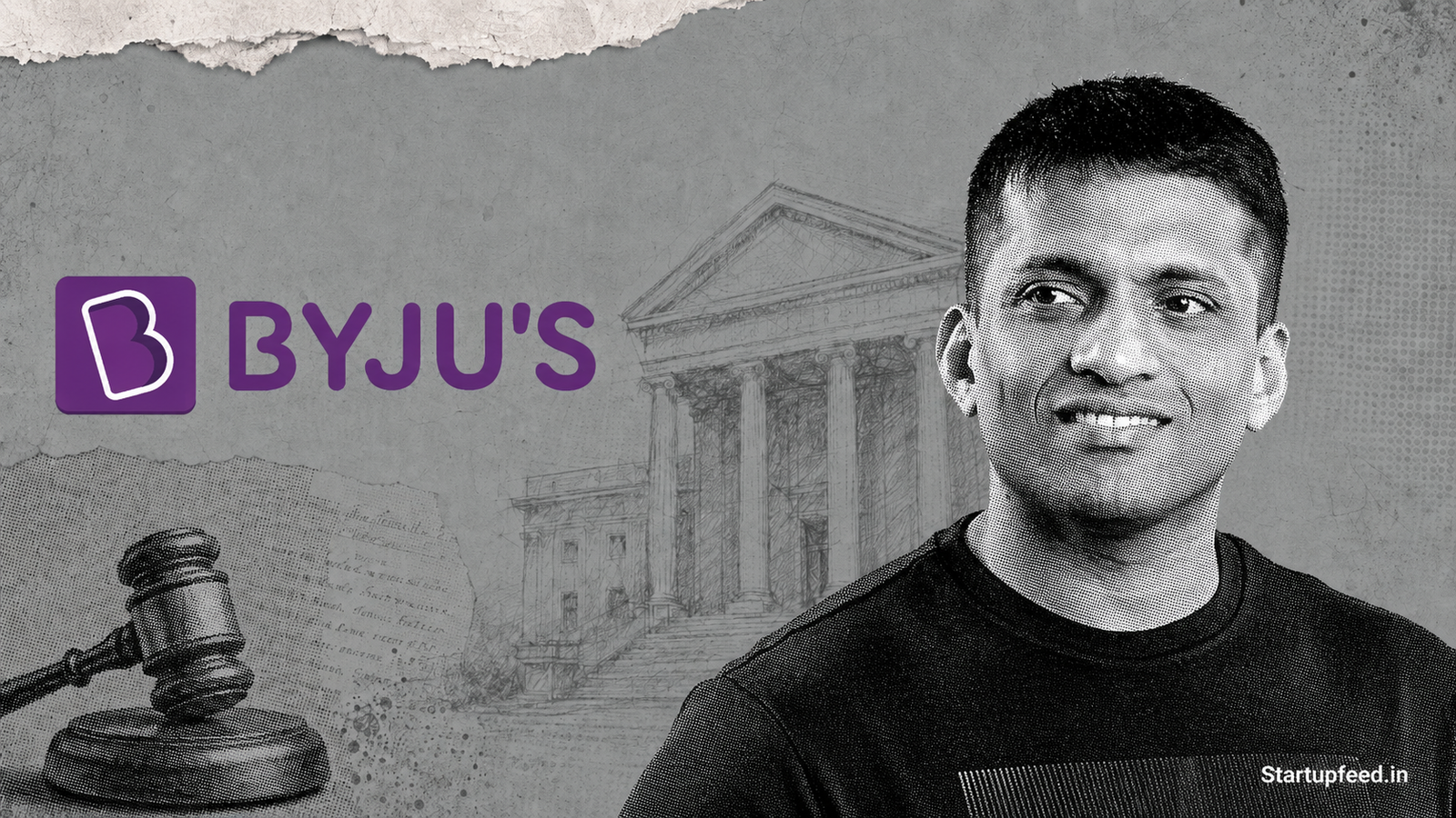 Byju Raveendran portrait with BYJU'S logo, after a Singapore court sentenced the founder to six months for contempt.