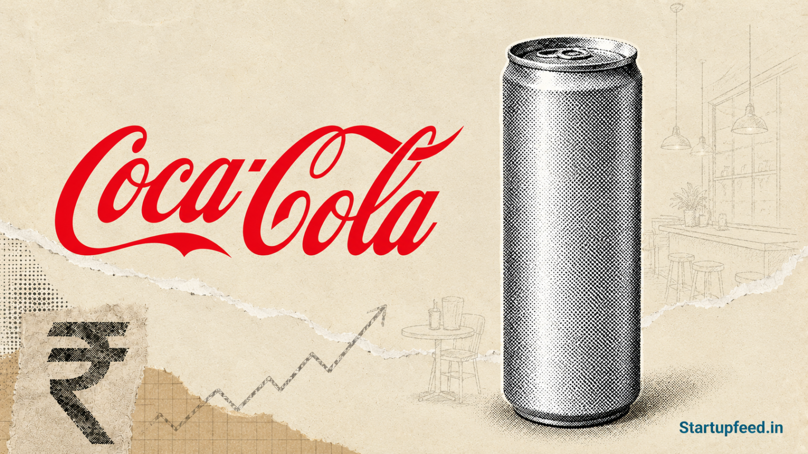 Coca-Cola India slim can illustration with the Coca-Cola wordmark against a torn-paper editorial background.