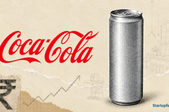 Coca-Cola India slim can illustration with the Coca-Cola wordmark against a torn-paper editorial background.