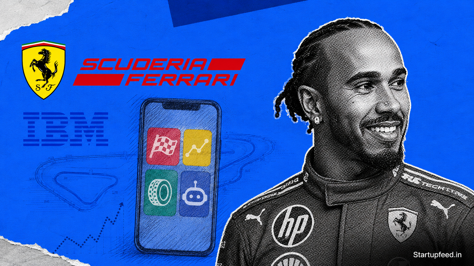 Ferrari IBM AI watsonx fan app launch at 2026 Miami Grand Prix showing Scuderia Ferrari and IBM logos with race engagement tools.