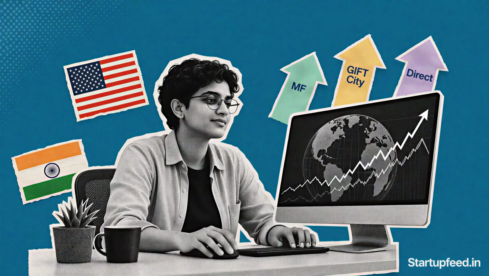Indian investor exploring global equity investing routes including GIFT City and LRS on a laptop screen.