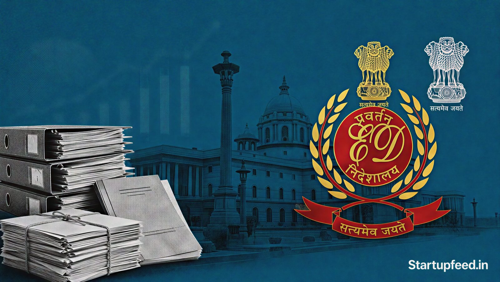 Editorial collage on the government ED manpower boost, with the Enforcement Directorate emblem and Ministry of Finance motif.