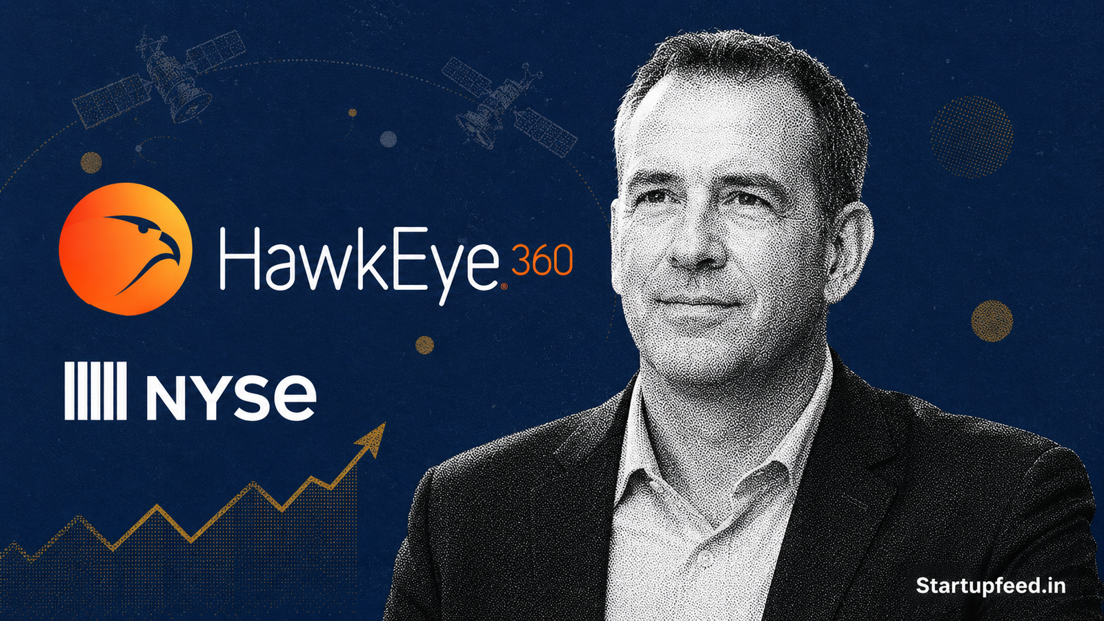 HawkEye 360 IPO CEO John Serafini ringing the NYSE opening bell as HAWK shares debut on the New York Stock Exchange on May 7, 2026. (22 words — trim to 20:) "John Serafini at the NYSE opening bell for the HawkEye 360 IPO, with HAWK ticker and satellite imagery in the background.