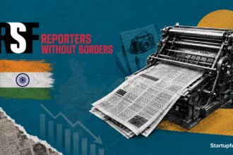 India Press Freedom Rank 2026 illustration with RSF logo and halftone press elements showing six-place decline.