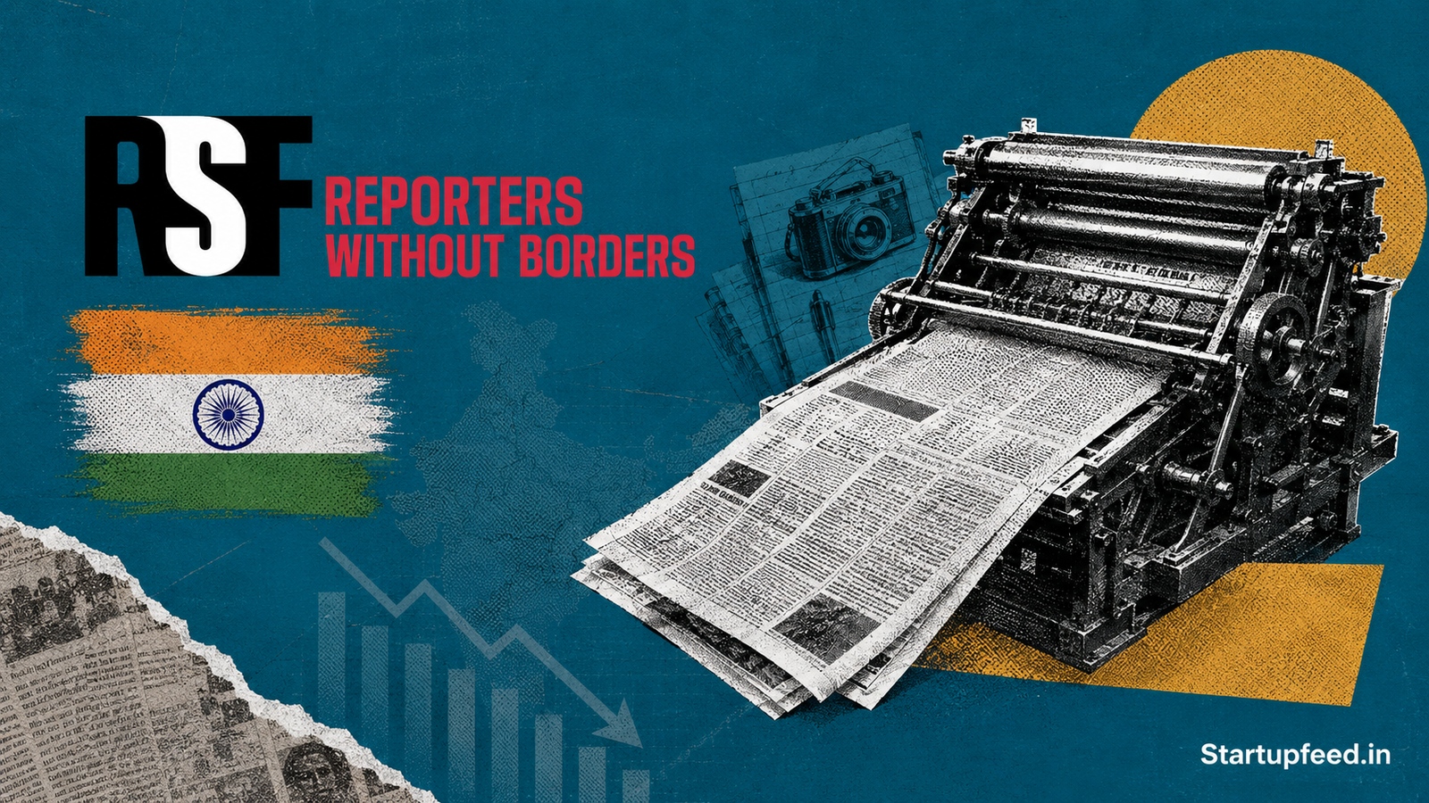 India Press Freedom Rank 2026 illustration with RSF logo and halftone press elements showing six-place decline.