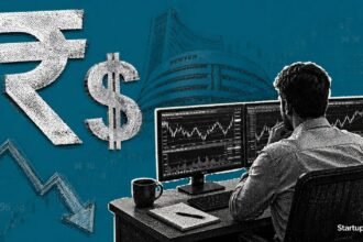 India rupee at record low 96.38 against the dollar showing startup winners and losers with a forex screen and rupee symbol collage.