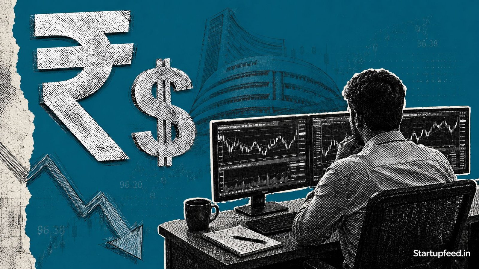 India rupee at record low 96.38 against the dollar showing startup winners and losers with a forex screen and rupee symbol collage.